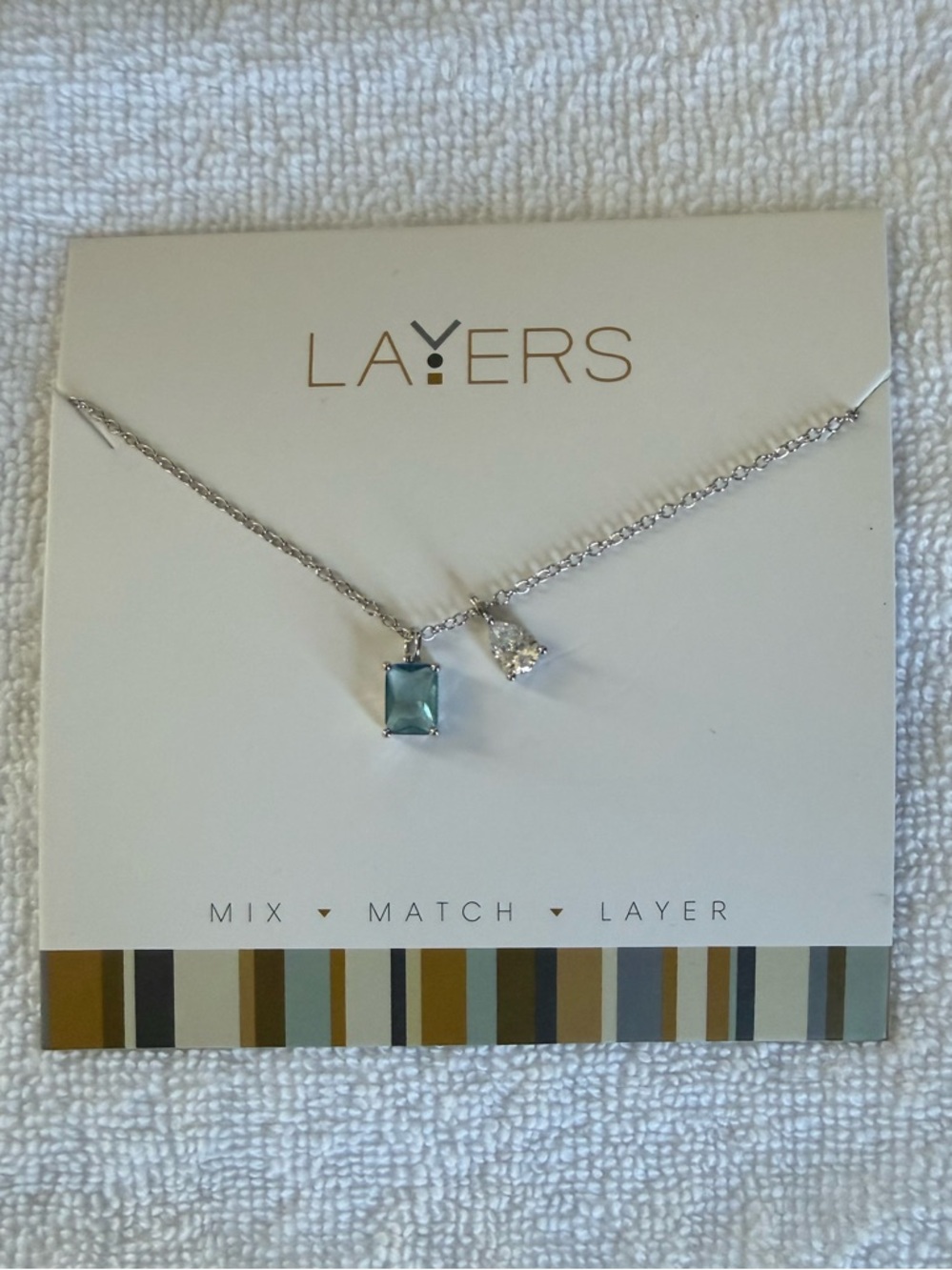 Layers Silver Necklace with Aquamarine and Clear Charm